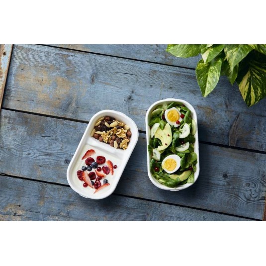 VASCHETTE  ASPORTO OVALE DUE SCOMPARTI IN POLPA DI CELLULOSA  BIODEGRADABILE E COMPOSTABILE 